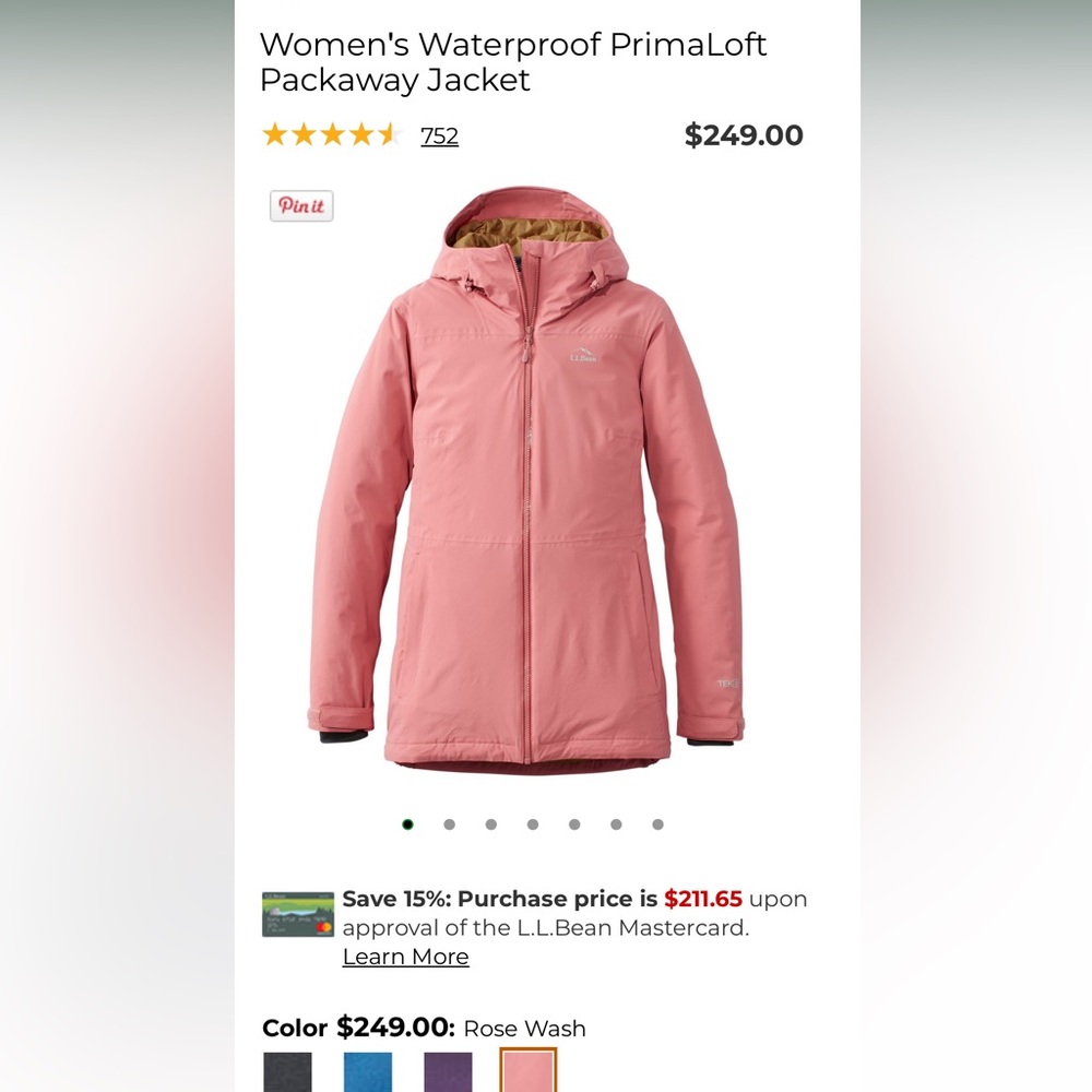 LL beans Women’s waterproof prima loft Packaway jacket